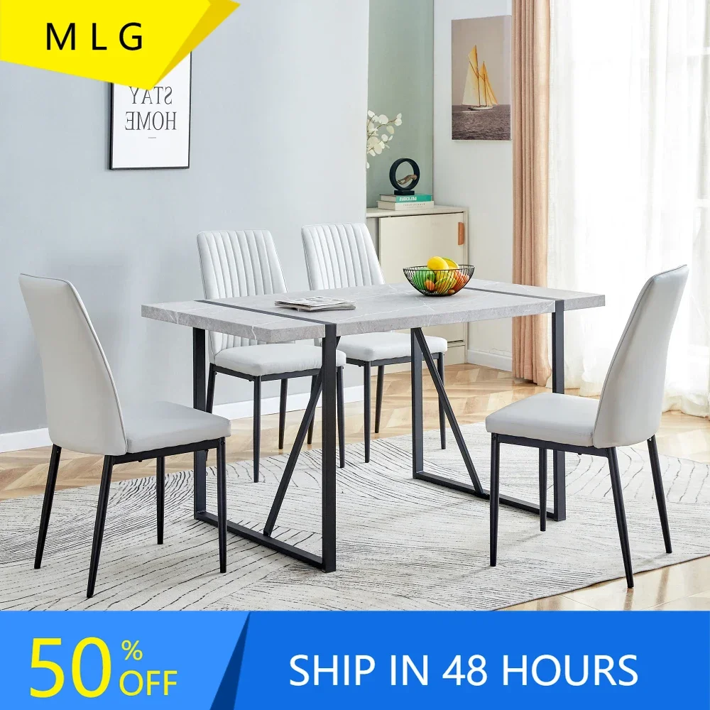 

5 Piece Dining Room Table Set for 4 People,55 Inch Rectangle Wood Kitchen Dining Table with 4 Fabric Chairs Set,Kitchen Dining