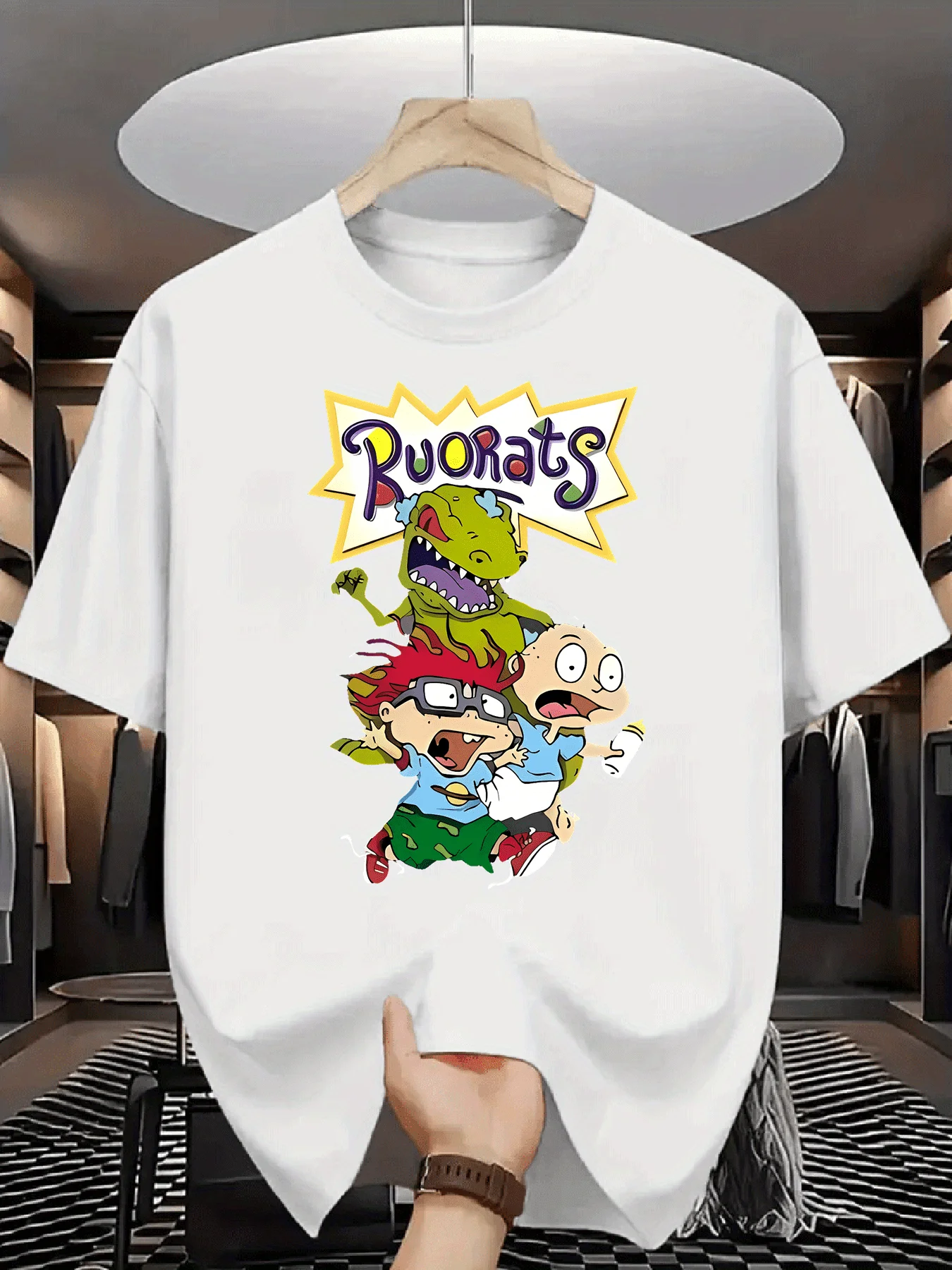 كارتون رغراتس شخصية مطبوعة عادية جولة الرقبة أزياء اليومية أعلى جولة الرقبة تي شيرت بسيط عارضة الملابس القطن التي شيرت