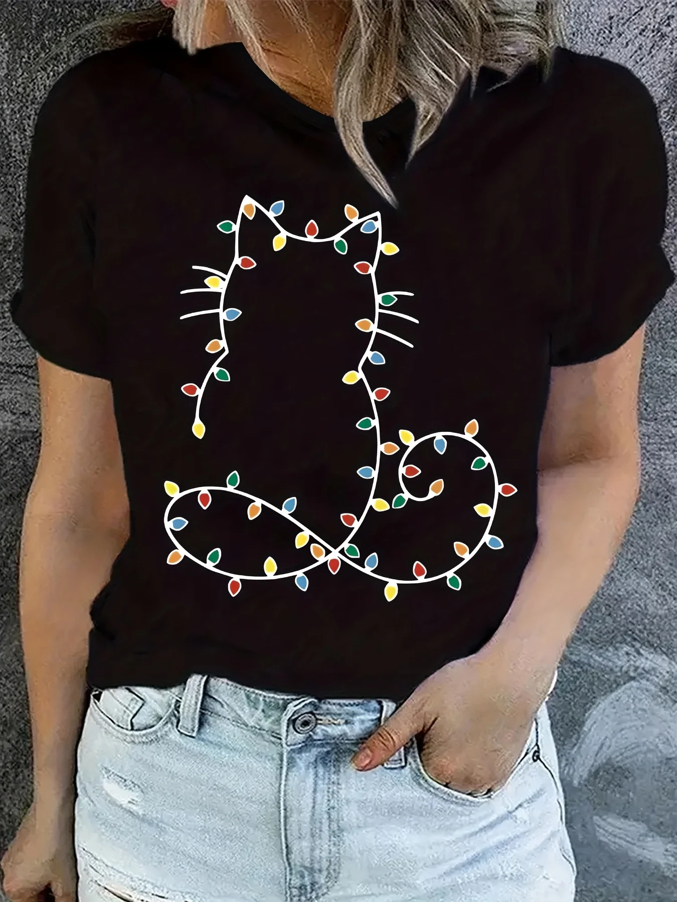 Cute Light Strip Cat Pattern Casual Daily Men's and Women's Tops Fun Round Neck Short Sleeved Summer Personalized Women's Tops