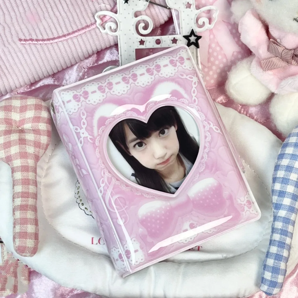 Pink Love Bow Card Album PVC 3 Inch Mini Idol Card Collect Book Collectible Card Album with 16 Internal Pages Photocard Binder