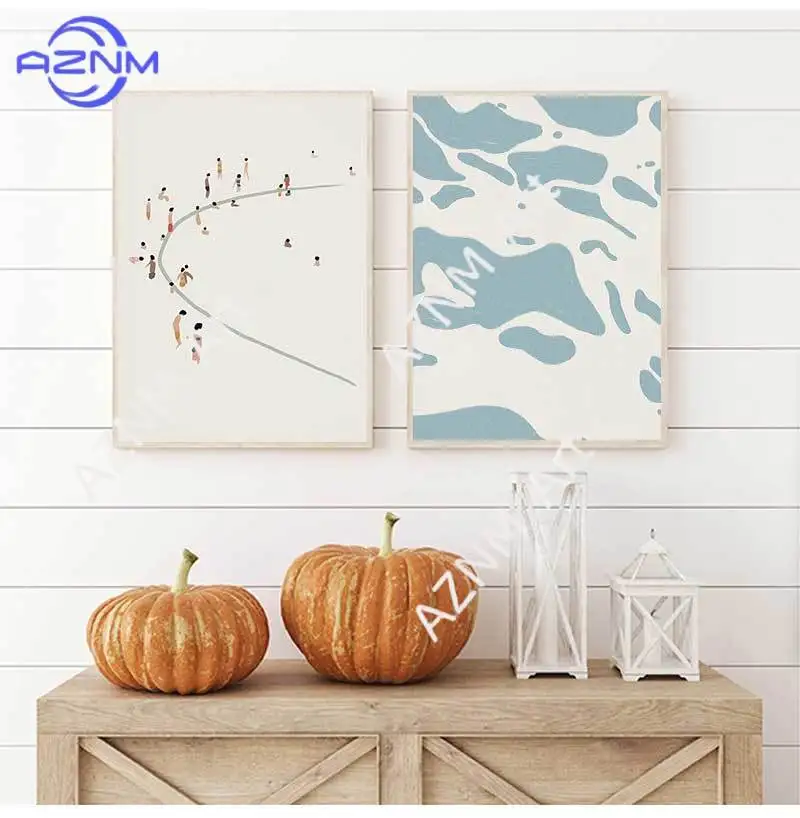 Minimalist Beach Ocean Floral Wall Art, Sailboat Canvas Painting, Pool Posters & Prints, Pictures for Living Room Decor