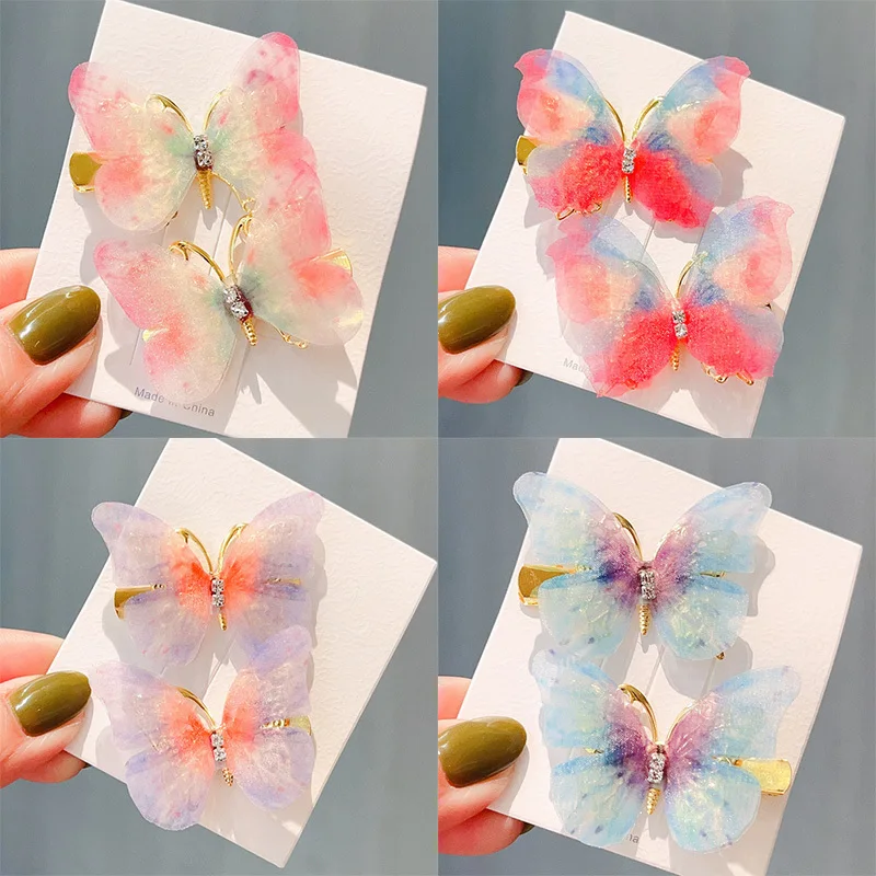 2PCS New Girl Candy Color Fashion Butterfly Hair Clips For Women Cute Double Layer Stereoscopic Tulle Barrette Wedding Hairpins