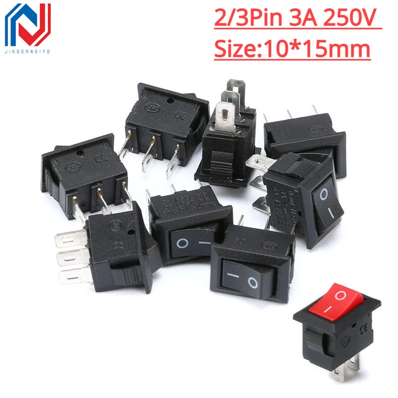 5PCS 3 Pin 2 Pin 3A 250V 10*15mm Black Button Rocker Switch ON OFF  AC 10X15 Mini Rocker Power Switches