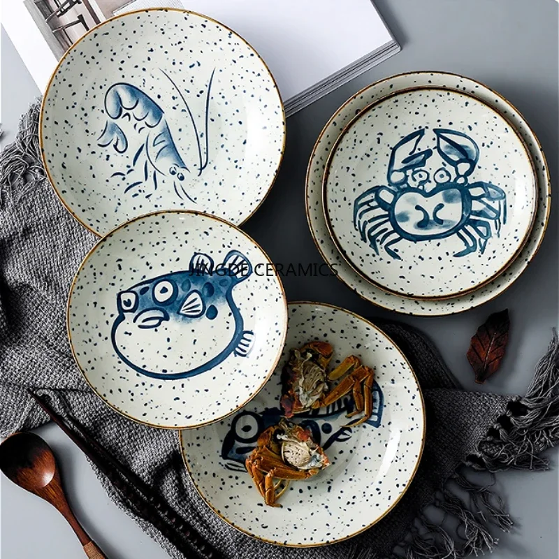 Japanese Ceramic Dining Plate Underglaze Color Seafood Dish Household Circular Dish Kitchen Ceramic Tableware Main Dish Plate