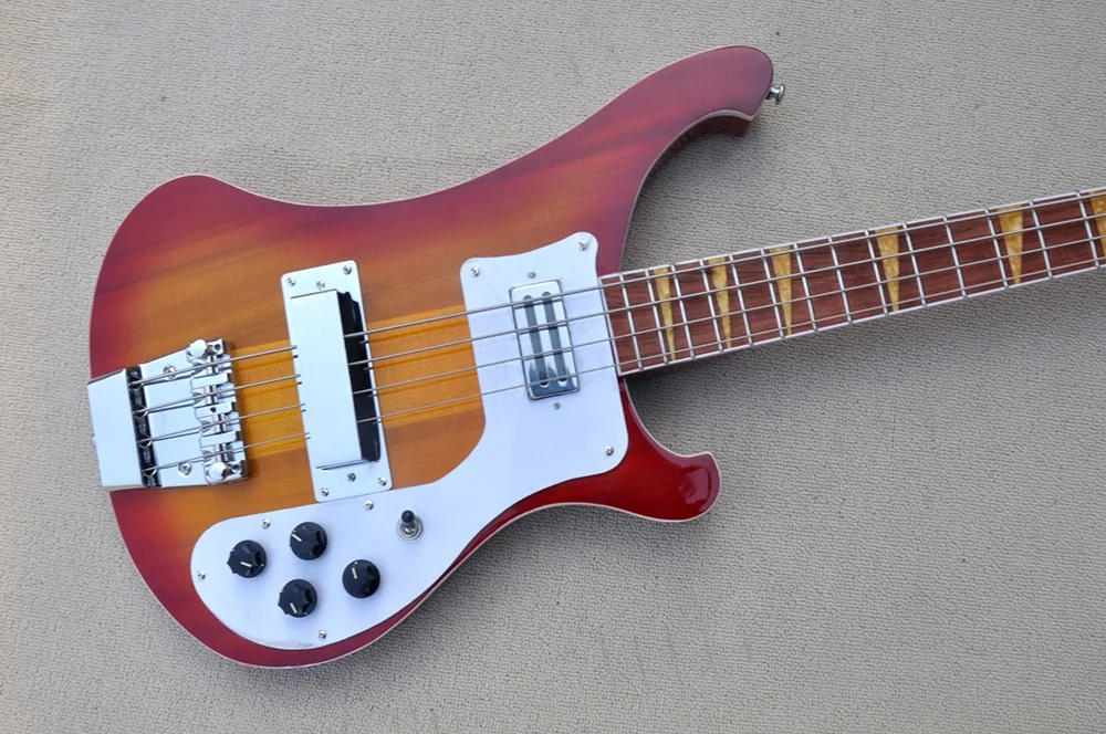 4 Strings Cherrry Sunburst Neck-thru-body Electric Bass Guitar with White Pickguard,Rosewood Fretboard