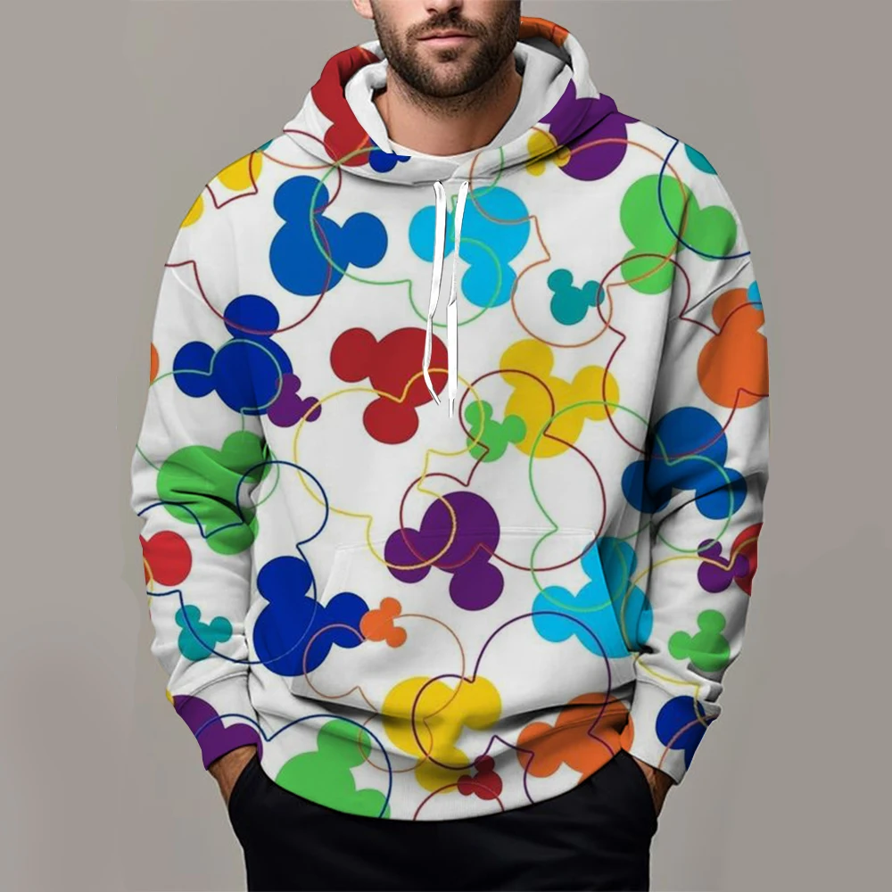 Male Sweatshirts Pocket Mickey Mouse Line Pop Cartoon Print Long Sleeve Clothing Popular Streetwear Men Hoodies Autumn Winter