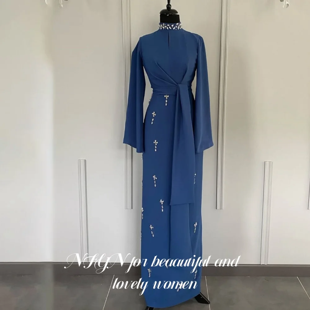 

NFYN Blue High-Neck Formal Dress Beach Regular Long Sleeve Prom Dresses Crystals Rhinestones Long Stain Evening Gown Customized