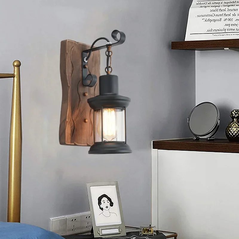 GEFENSI Vintage Wood Wall Lamp American Industrial Style Bedroom Bedside Walkway Light Modern Restaurant Bar Cafe E27 Decorative
