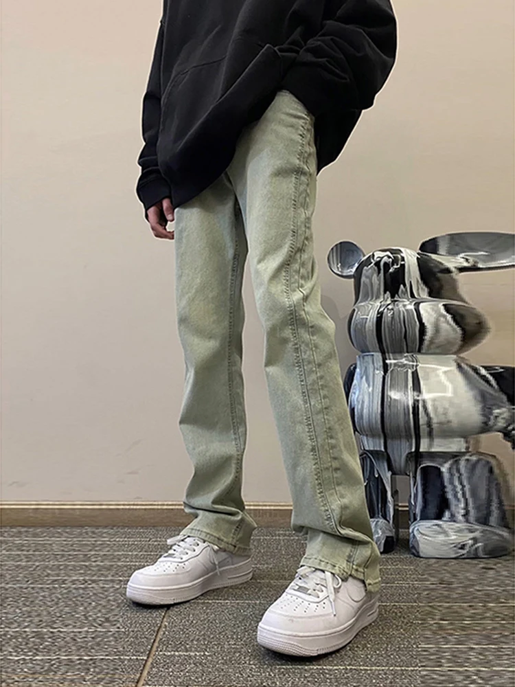 

Желтые джинсы-клеш с пэчворком и высокой талией для мужчин, эластичные, прямого кроя, в американском уличном стиле, весенний тренд