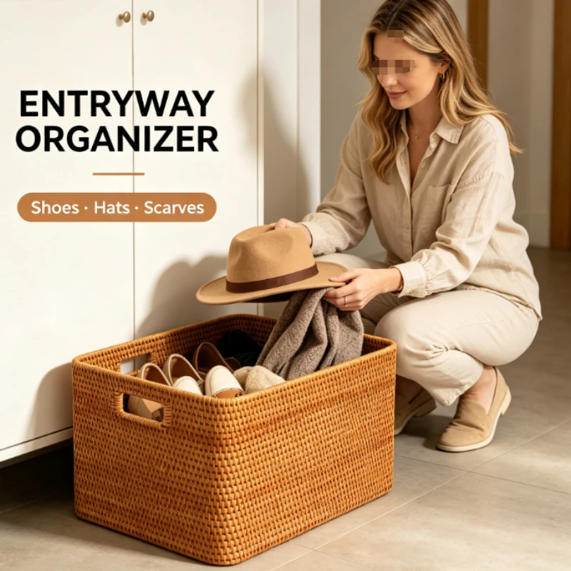 Rattan storage basket tabletop, rectangular storage basket, woven storage ins Applicable to multiple scenarios