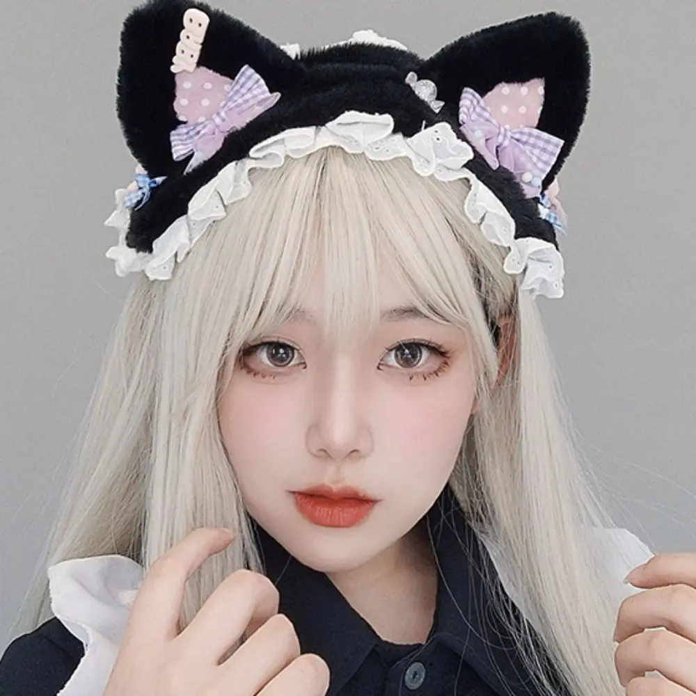 Sweet Cat Ears Headband Bear Ear Hair Band Lolita Bandeau Bow Lace Furry Plush Polka Dot Headwear Lolita Accessories