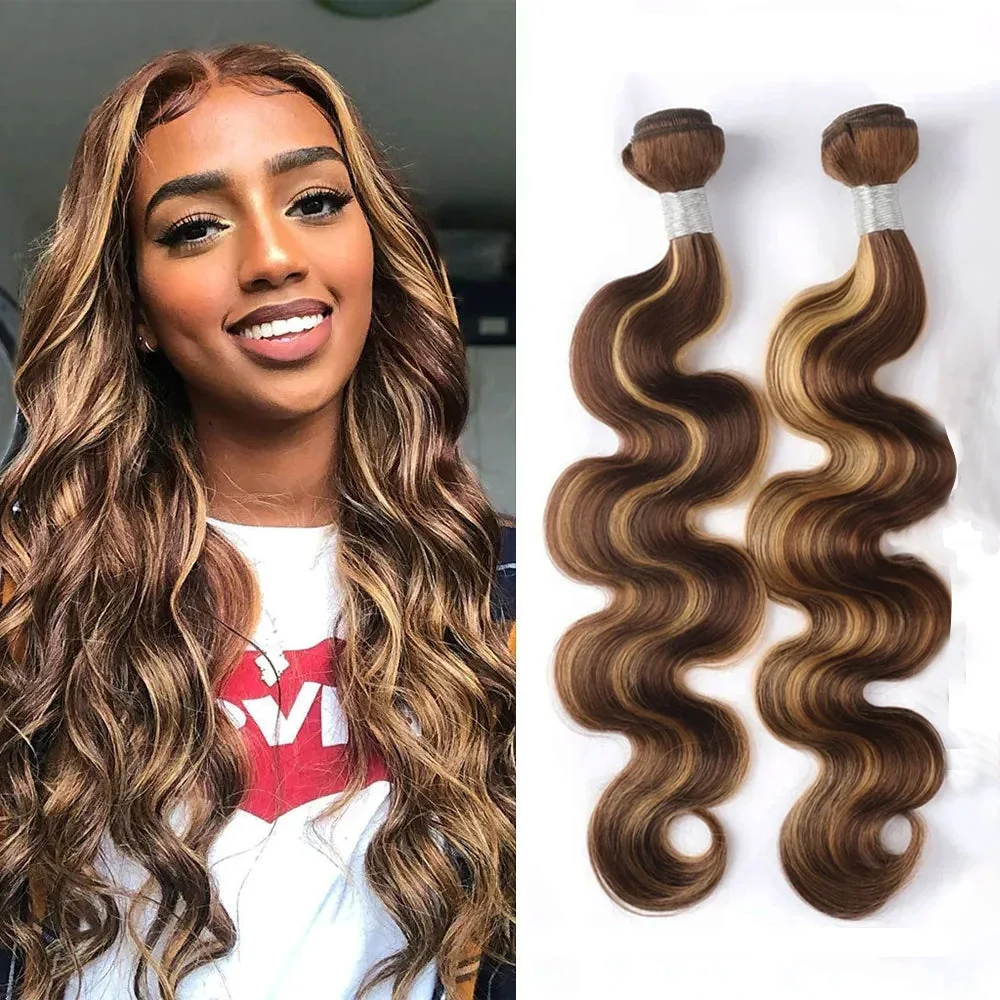 100% Human Hair P4/27 Highlight Body Wave Human Hair Bundles 16A Hair Weft Highlight Hair Weaving 1/3Pcs Hair Extensions