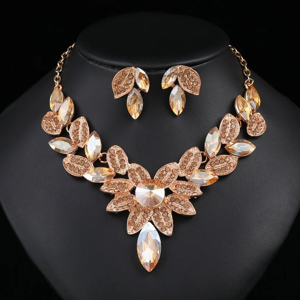 Women'S Jewelry Set Electroplated Crystal Bib Necklace Rhinestone Earrings Sparkling Tulip Floral Necklace For Prom Stage