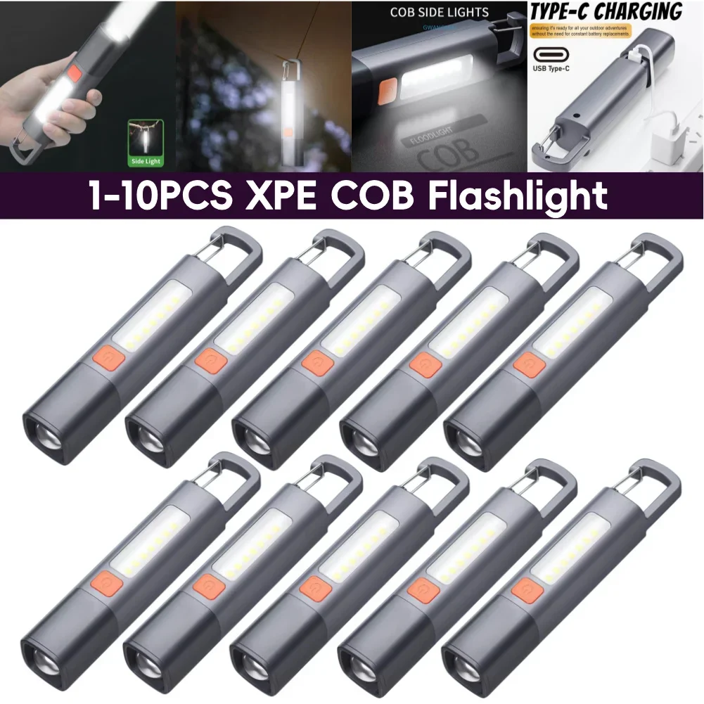 1-10Pcs XPE COB Flashlight Strong Lighting ABS Flashlamp USB Charging Outdoor Camping Flashlight LED Torch For Emergency Used