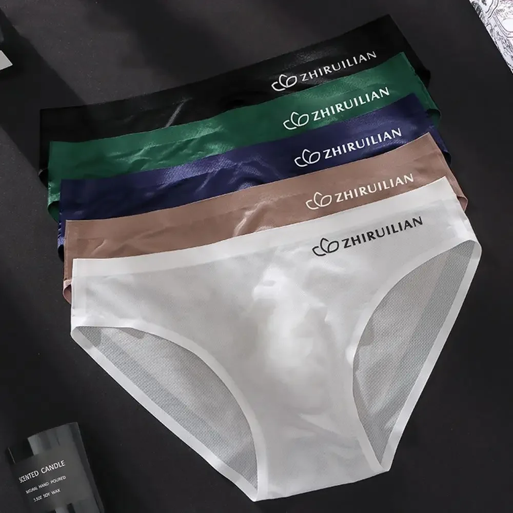 

Нижнее белье, нижнее белье из ледяного шелка, треугольные брюки с низкой талией, мужские трусы, сумка с мячом, сексуальные спортивные прозрачные бесшовные трусы с буквами