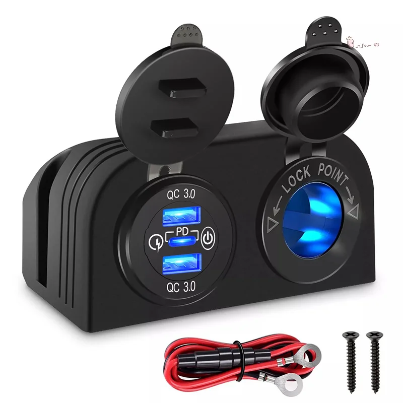 Tent Type Panel Two Hole, Quick Charge 3.0 Dual USB Car Charger+12V/24V Socket For Car Motorcycle Boat Marine ATV