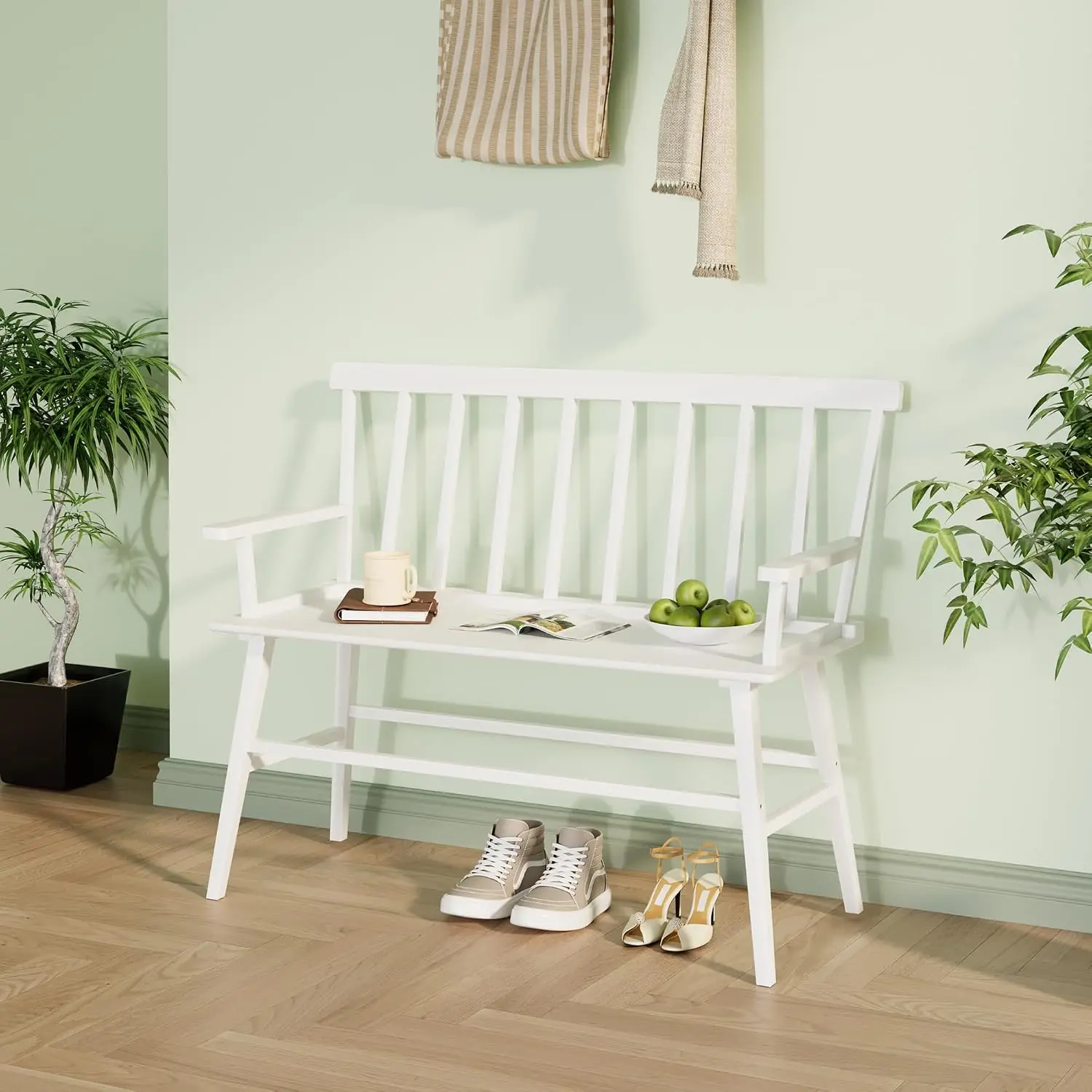 APRTAT Bamboo Entryway Bench, Dining Bench with Spindle Back (White) | Natural Bamboo & H-Shaped Support, Spindle Back, Ideal fo