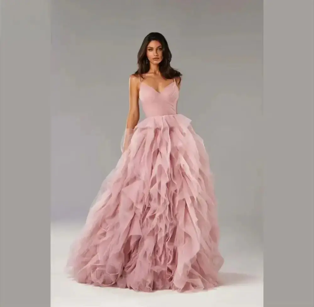 Pink Tulle V-Neck Prom Dress Sleeveless Backless A-Line Spaghetti Strap Multi-Layered Evening Dress Floor-Length Pleat Customize
