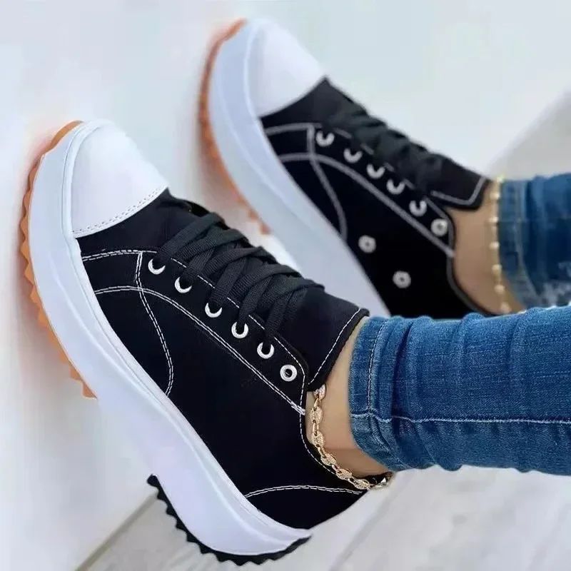 Neue Damen-Freizeitschuhe 2024 Herbst Sommer Runde Spitze Canvas Einfarbig Niedrig Geschnitten Große Größen Damenschuhe – Detail 4