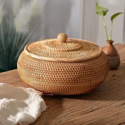 New Handwoven Rattan Storage Box with Lid Tea Food Container Kongfu Tea Set Bread Fruit Basket with Lid Puer Tea Bag Organizer