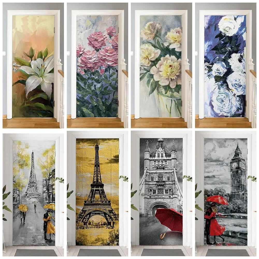

3D Oil Painting Flower Door Sticker Vintage Paris Eiffel Tower Landscape Removable Wallpaper Home Bedroom Decor Mural Decals