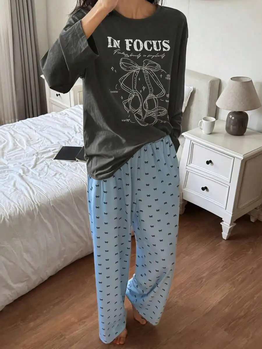 2pcs Bow Print Loose Long Sleeve Sleep Top And Pants Pajama Set For Women Spring Autumn