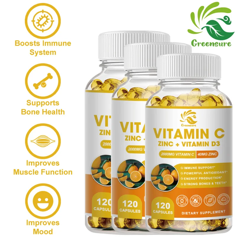 Greensure Vitamin C+Zinc & Vitamin D3 - Dietary Supplement for Immune Support - 60/120 Capsules