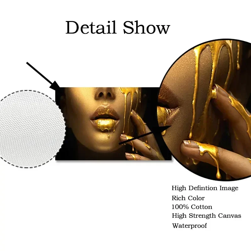 Large Size Black Woman with Sexy Gold Lips Oil Painting Poster Modern Wall Cuadros Home Roon Decoration Unframed Wall Art