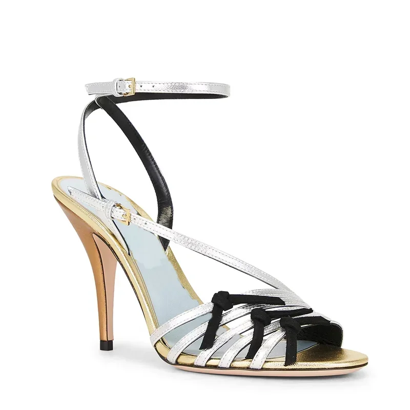 Narrow Band Patchwork Leather High Heels Sexy Round Toe Thin Heel Accept Customized New Arrivals Fashion Women Modern Shoes