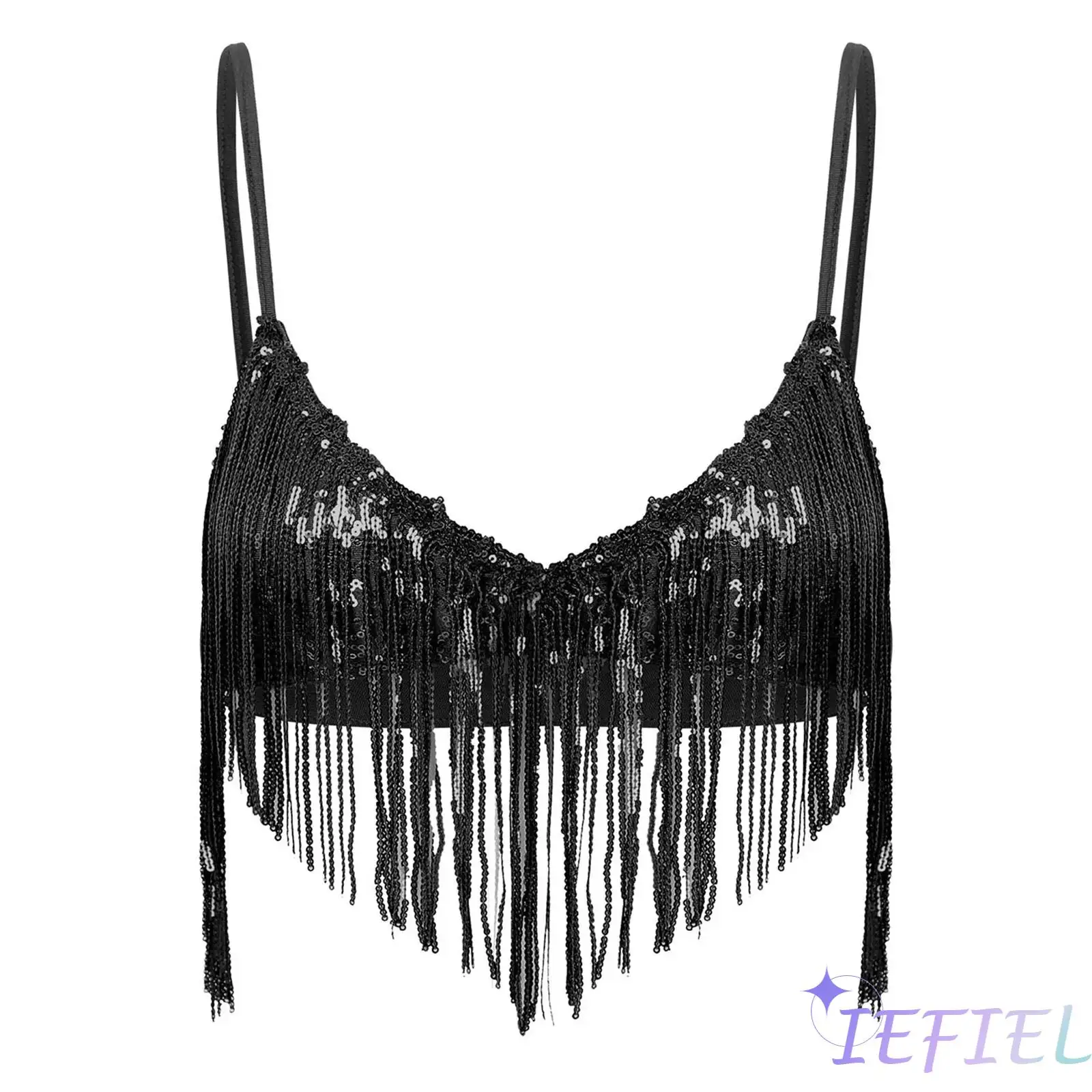 Womens Modern Belly Dance Disco Dance Outfit Shiny Sequin Tassel Bra Tops Swing Sequin Fringe No-pad Wireless Bralette Clubwear