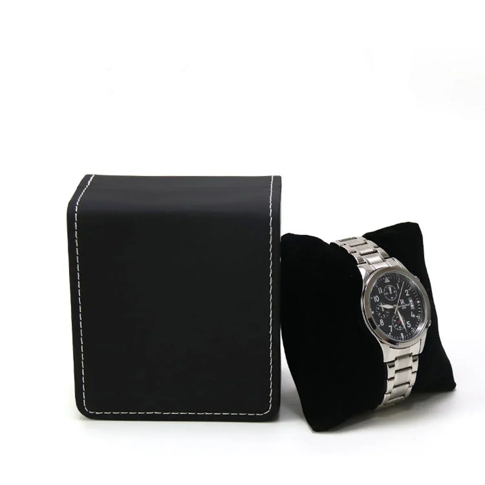 Black Single Watch Gift Box with Pillow PU Leather Wristwatch Display Case Organizer for Men Clamshell PU Leather Watch Cover