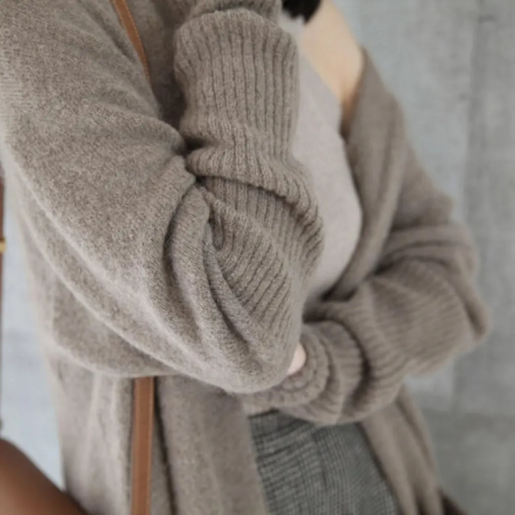 

Korean Classic Mid-Length Knitwear Jacket Pure Color Loose Large Board Elegant Casual Style for Autumn And Winter