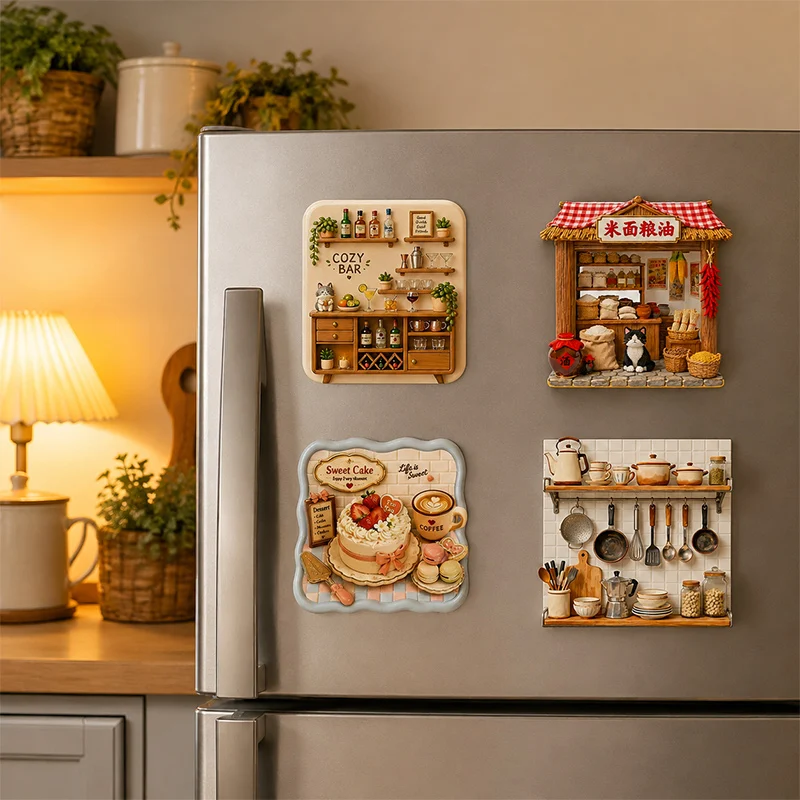 3D Relief Cat House Bakery Coffee Shop Refrigerator Magnets Retro Resin Miniature Scene House Decor Fridge Magnetic Sticker