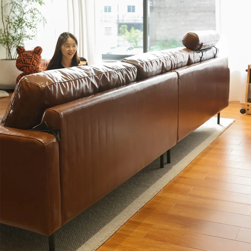 

Minimalist leather sofa first layer cowhide living room Nordic straight row retro oil wax leather sofa