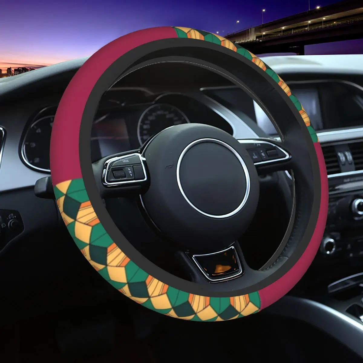 Tanjiro Kamado Car Steering Wheel Cover 38cm Elastic Slayers Print K-Kimetsu Anime Elastische Car-styling Car Accessories