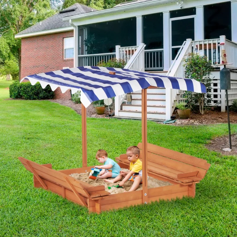 

Kids Wooden Sandbox with Canopy Outdoor Backyard Sand Play Box with UV Protection Roof & Toy Storage Garden Play Equipment