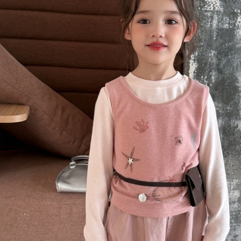 2026 New Baby Girls' Korean Version Real Two-piece Vest, Base Shirt, Stacked Two-piece Set, Stylish
