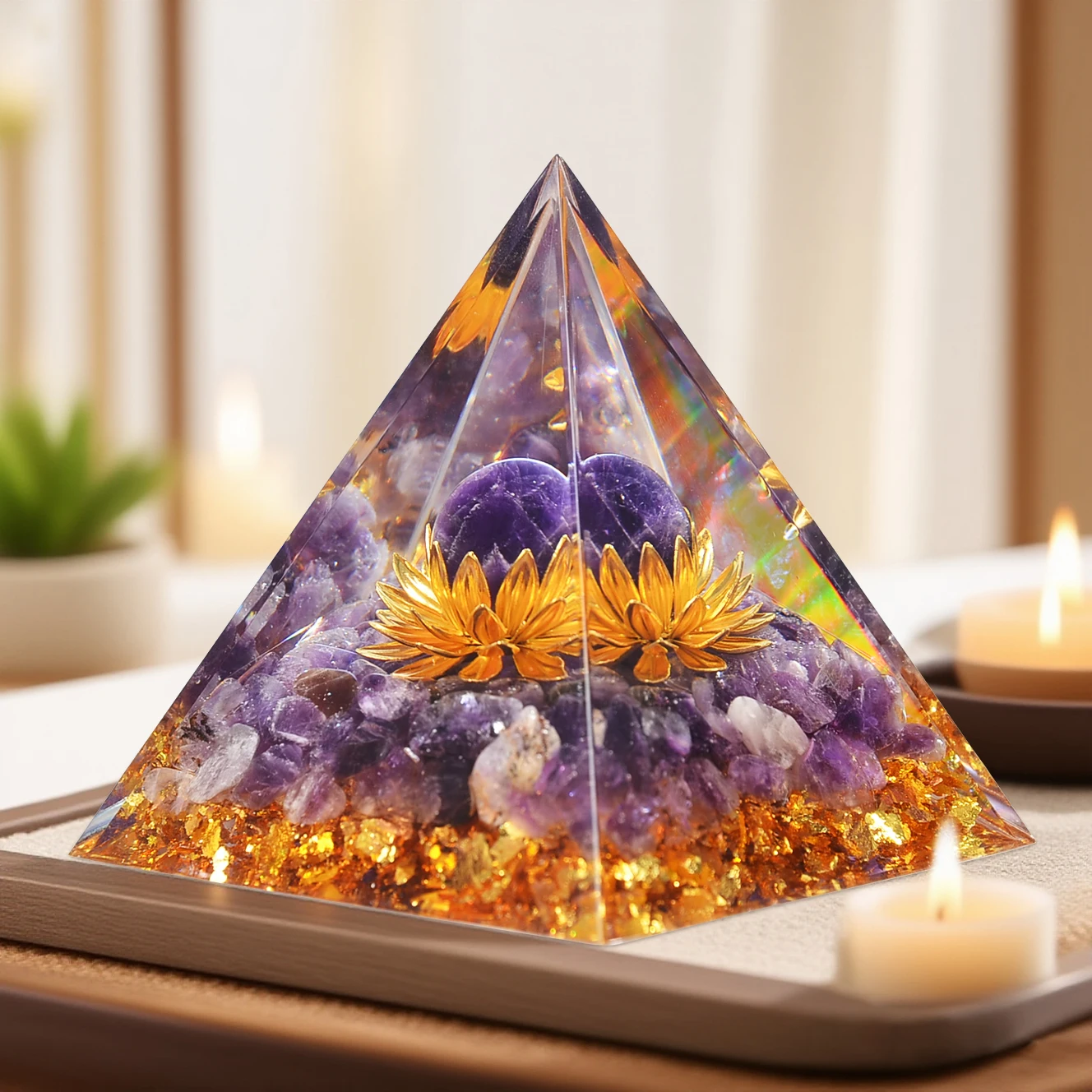 A Pyramid Containing Amethyst and Golden Lotus Flowers, Used for Spiritual Decoration and Healing Crystals of Positive Energy