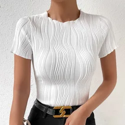 Fungus Edge Casual White Short-Sleeved Top Sexy Pullover Short-Sleeved Round Neck Slim Slim Pure Color Knitted T-Shirt for Women