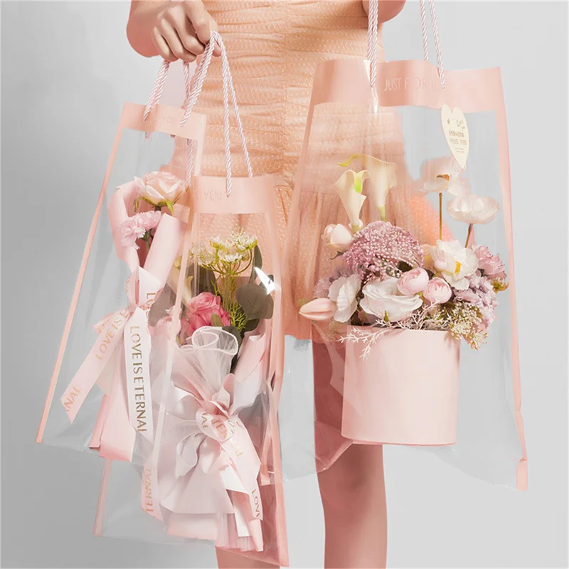 10 Pcs Rose Flower Tote Bags Clear Packaging Bags Handbag Bouquet Wrapping Floral Supplies Gift Bag Valentine's Day Decor