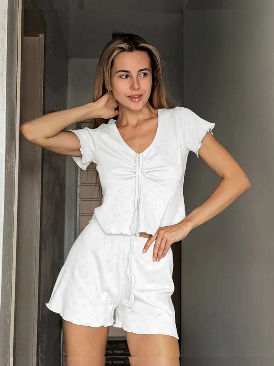 Summer Women Solid Color Pajama Suits New Simple V-Neck Drawstring Short Sleeve Tops Shorts Fashion Soft Home Clothes 2Pcs Set