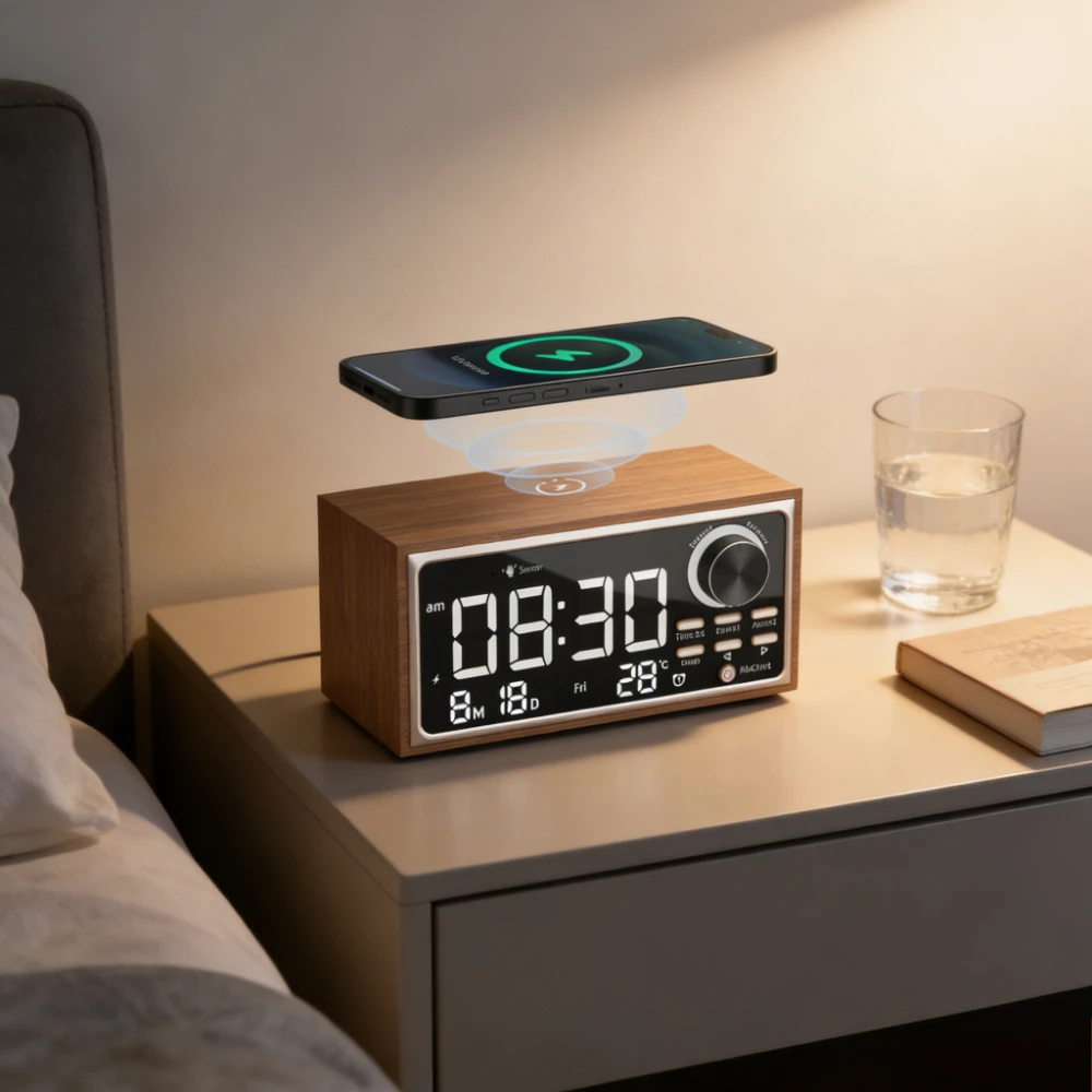 Solid Wood Vintage Alarm Clock FM Radio Wireless Charging LED Display Dimmer Control Calendar Decor for Bedroom Desktop