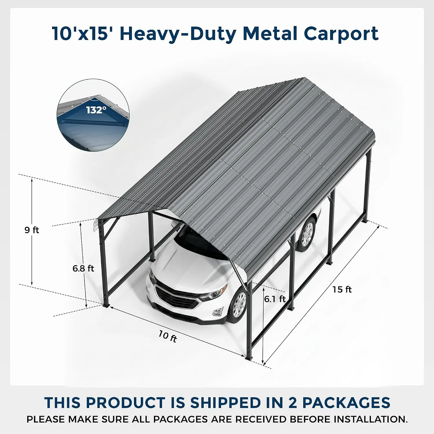 10x15FT Metal Carport 132° Steep Roof All-Weather Galvanized Steel Rust-Resistant Shelter Vehicle Boat Truck, Customized