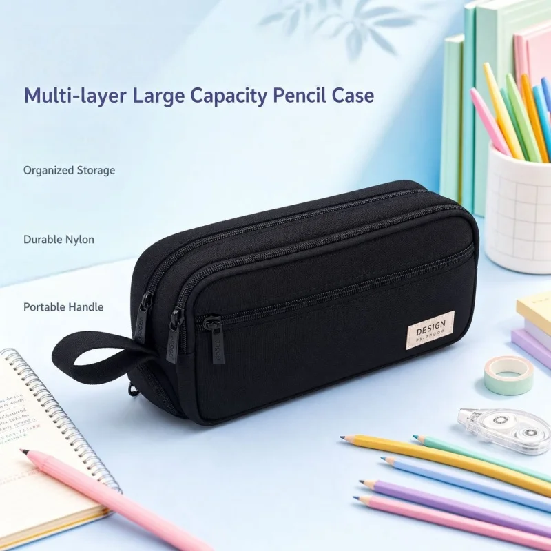 Large Capacity Multi Layer Pencil Case Portable Handle Stationery Pen Bag Multiple Compartments for School Teen Office Supplies