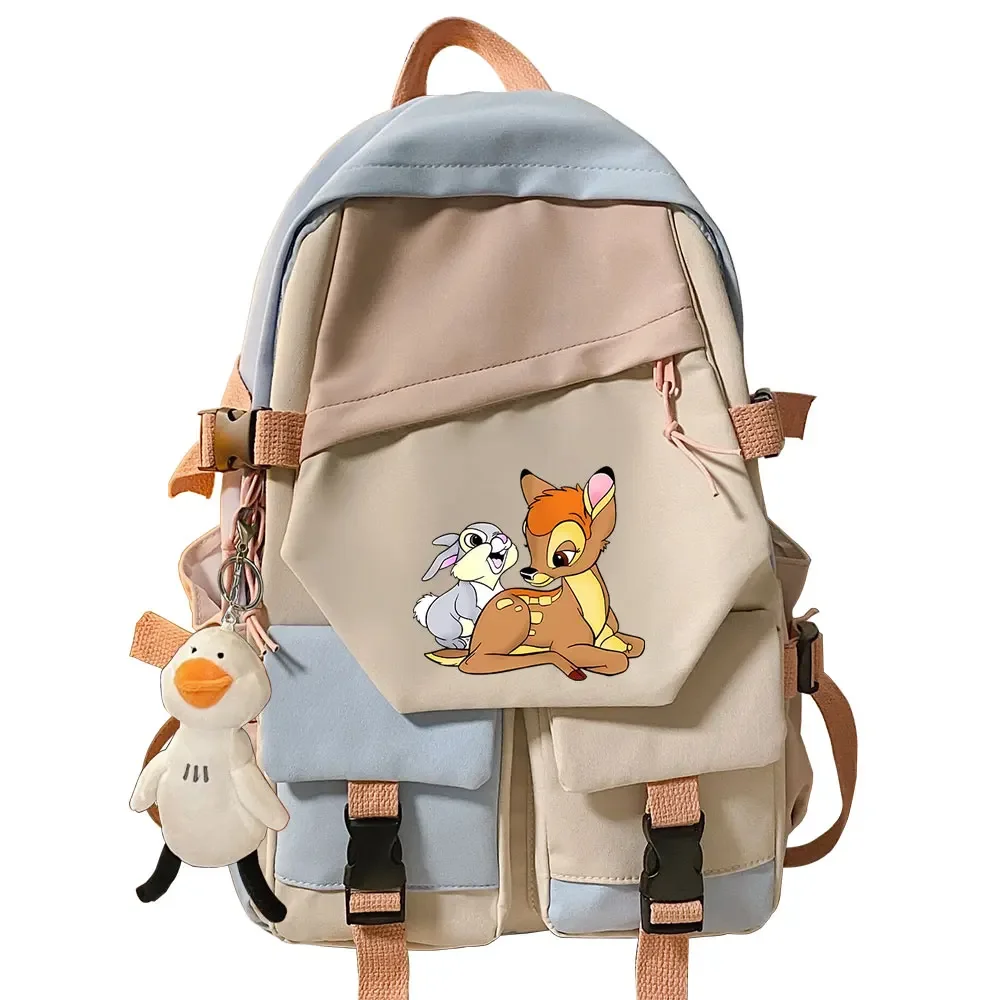 Kawaii Canvas Sacos De Livro Escolar para Teenentes, Patchwork Bagpack para Meninas e Mulheres, Mochila Estudantil, Bambi