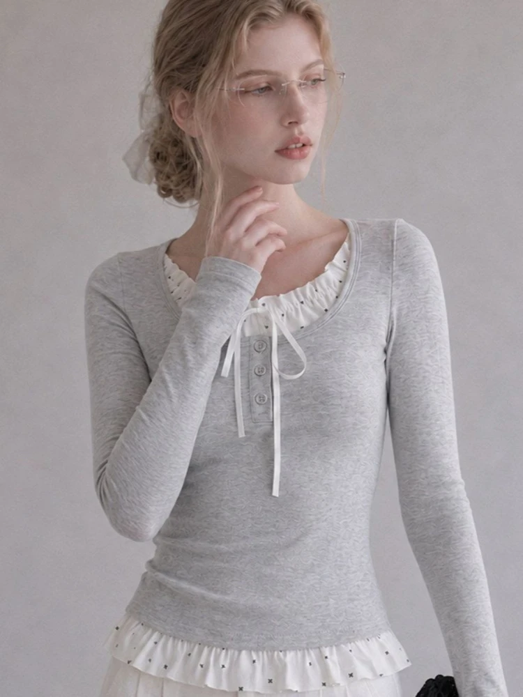 Coquette French Two Piece Set Contrast Ruffle Trim Bow Tie Front Long Sleeve T Shirt Women Slim Fit Casual Daily Outfit Female
