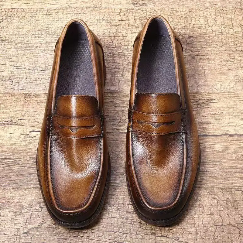 Vintage Genuine Leather Penny Loafers Retro Men's Slip On Casual Dress Shoes Comfortable Soft Footwear for Men's Daily Wear