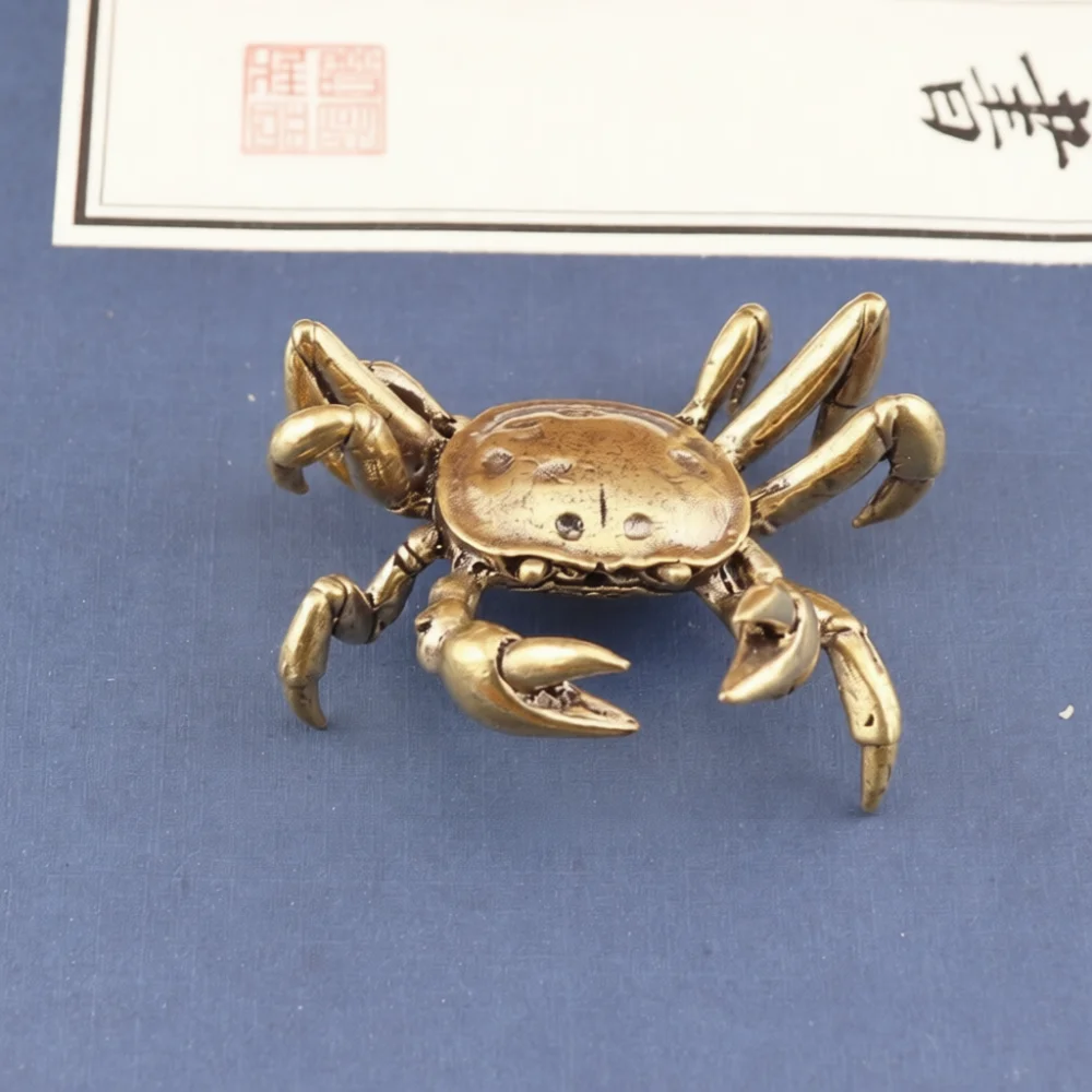 Handmade Solid Brass Crab Pen Stand Retro Metal Figurine Desktop Art Ornament Vintage Craft Decoration Tea Pet Gift