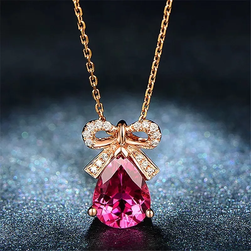 PT950 Sweet and Fashionable Embroidered with Rose-Colored Gemstone Tourmaline Bow Drop Earrings for Women