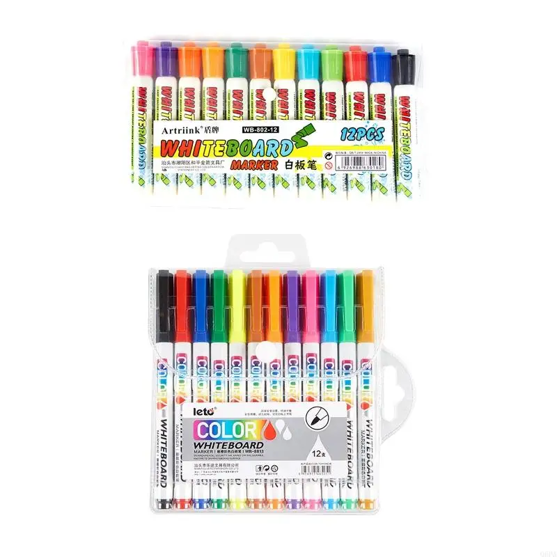 Q6PA Whiteboard Marker Set with 12 Floating Markers and Clear Case for Kids Classroom Drawing Play and Water Drawing Use Indoors